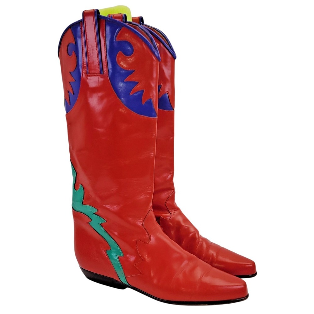 Charles David Red Leather Red Designer Cowgirl Riding Boots  SZ 7.5‎ B Italy